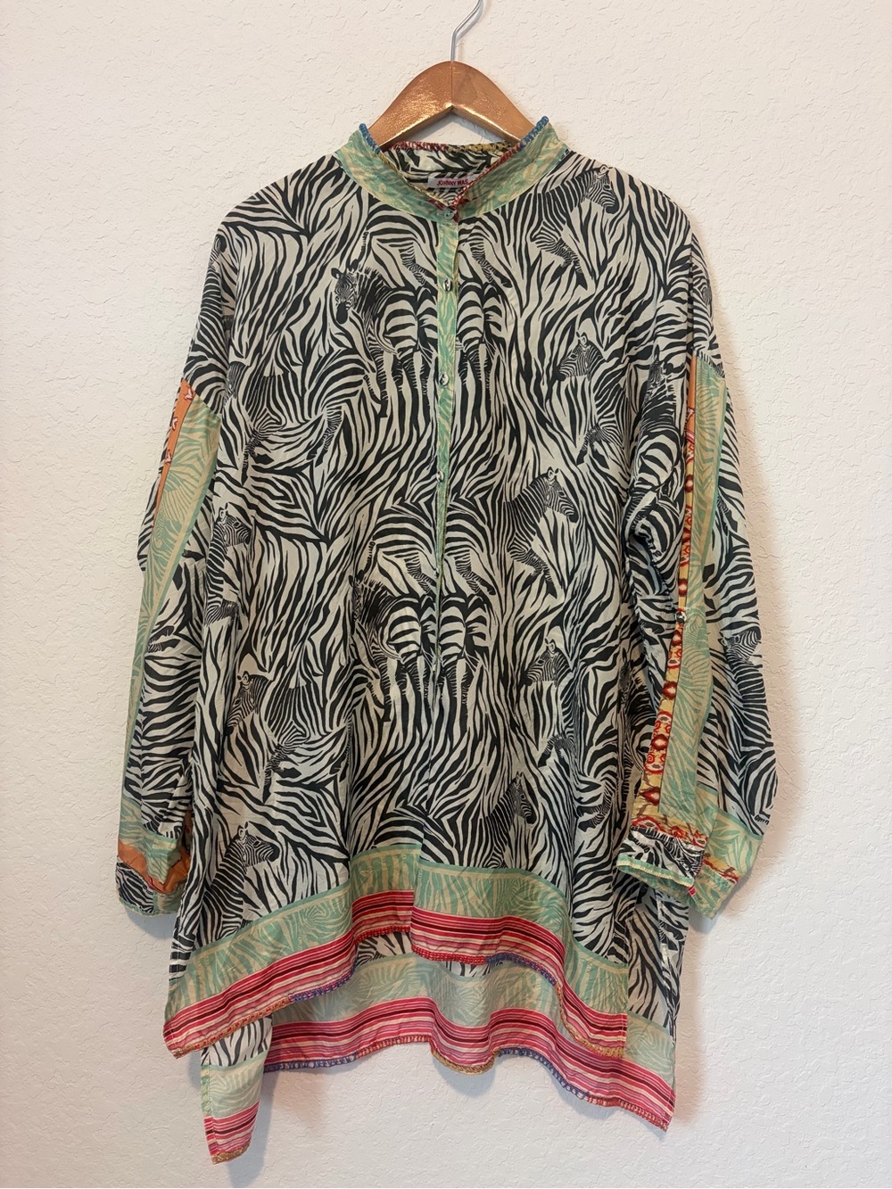 Johnny Was Black & White Zebra Print Button-Down with Green and Coral Accents